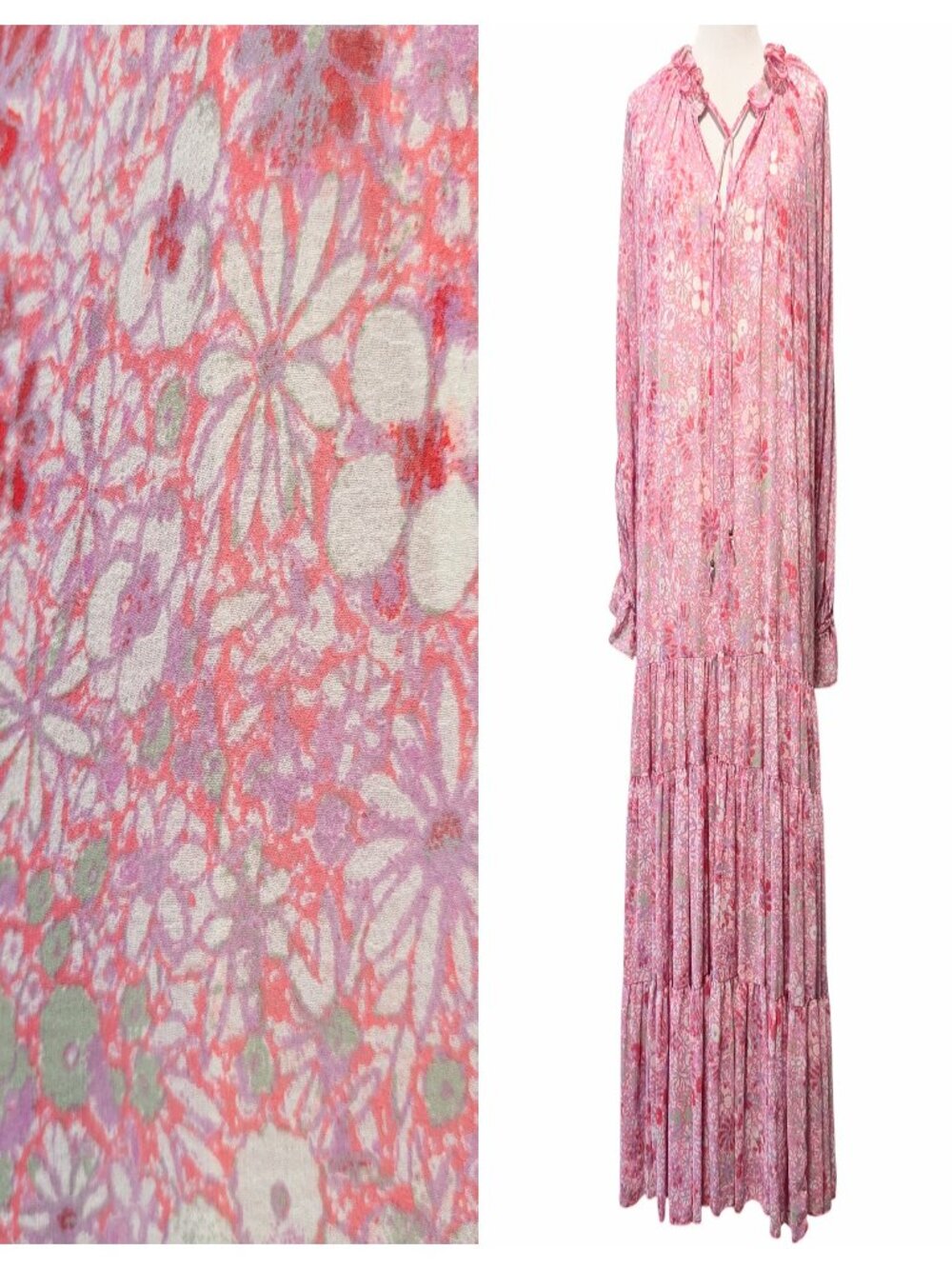 Free People Womens Sz L Feeling Groovy Pink Floral Flowy Tiered Boho Maxi Dress